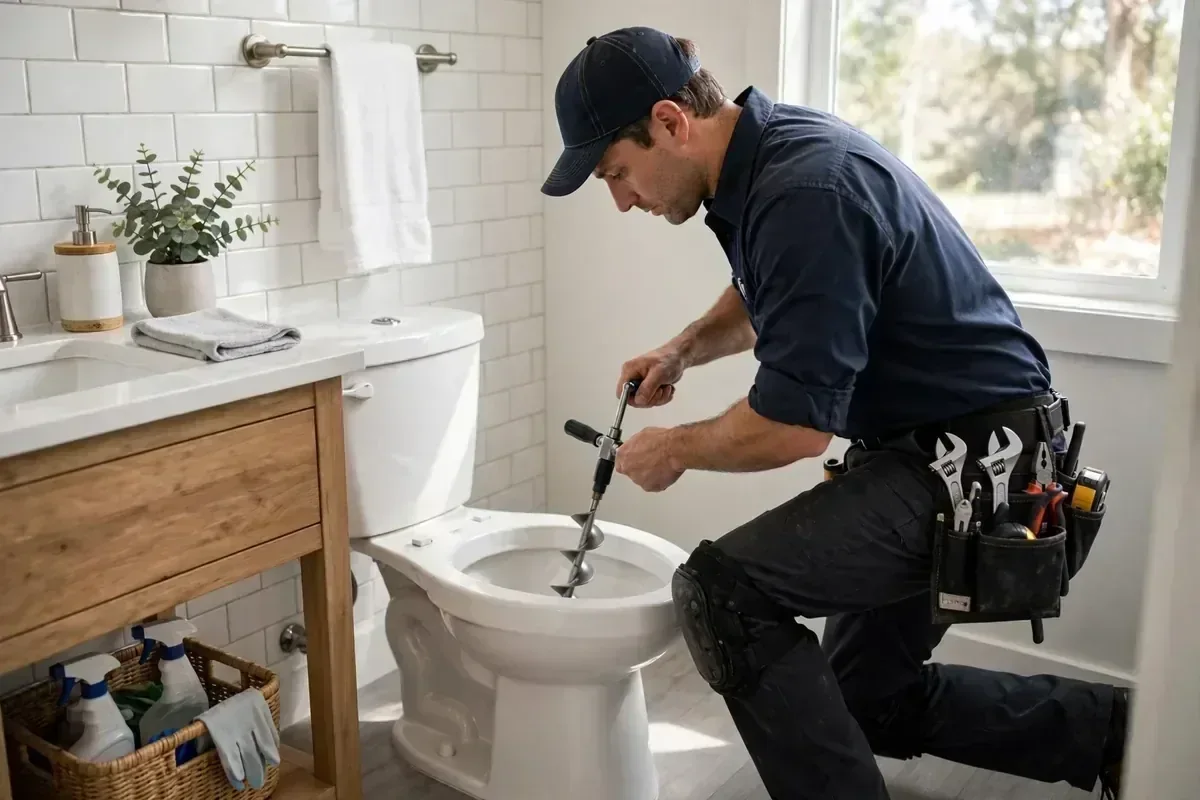 Clogged toilet clearing — illustrative service image Illustrative clogged toilet clearing image for Toilet Repair Fountain Valley service information